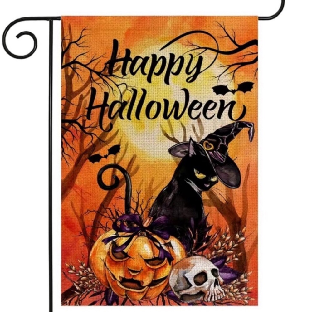 Happy Halloween Garden Flag ,Spooky Black Cat &Jack O Lantern Pumpkin Yard Sign